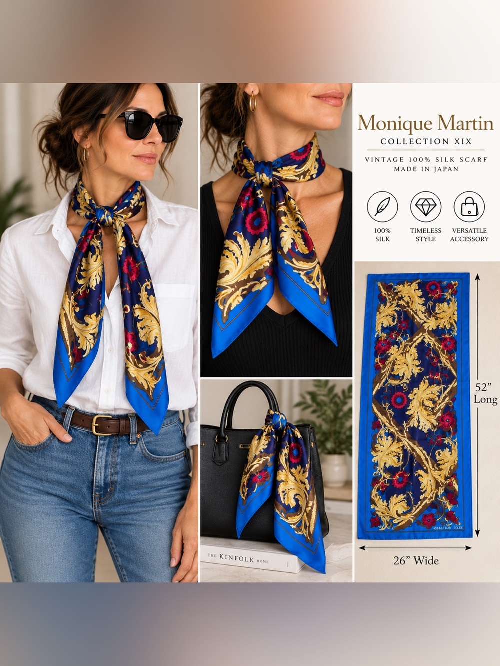 Vintage Monique Martin Collection XIX 100% Silk Scarf Blue Gold Floral